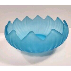 Vtg Blue Satin Mist Glass Lotus Centerpiece Fruit Bowl 8.5” X 4”